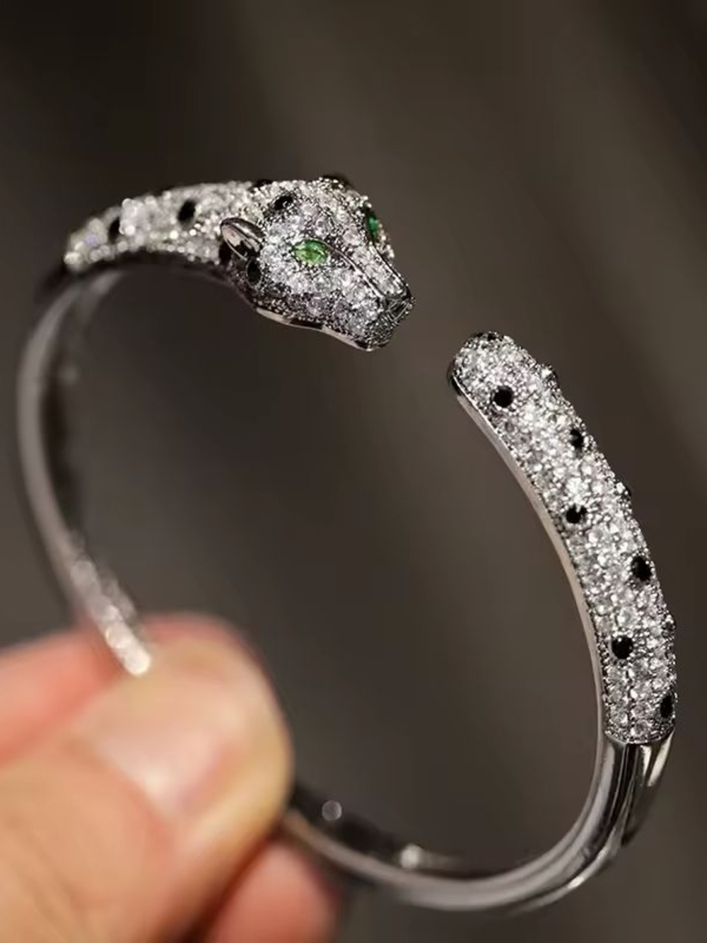 Silver Pavé Panther -Head Hinged Bracelet with Green Eyes - Picture 7 of 9